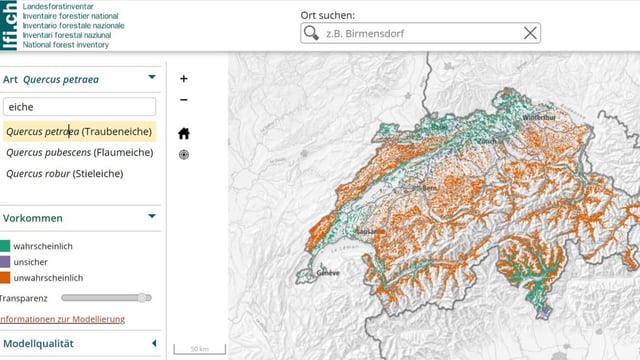 Screenshot einer interaktiven Karte zur potenziellen Verbreitung von Bäumen.