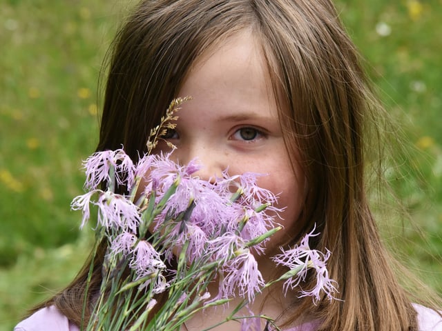 Anna-Louisa schaut hinter einem Blumenstrauss hervor.