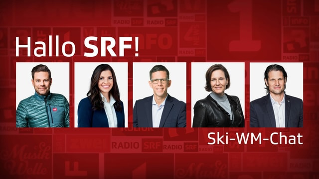 Im Chat (von links): Lukas Studer (TV-Reporter in Cortina), Tina Weirather (SRF-Expertin Ski alpin), Marco Felder (TV-Kommentator), Natalie Pedrocchi (TV-Produzentin Liveübertragungen), Dani Bolliger (Bereichsleiter Live bei SRF Sport)