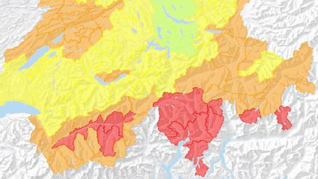 Schweizer Karte, Farben zeigen wo Waldbrandgefahr besteht. 