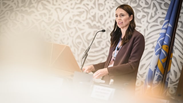 Jacinda Ardern während der Eröffnung des 76. World Health Assembly der UNO in Genf.