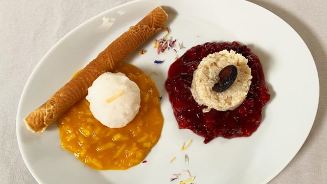 Johannas «Ingwer-Sorbet, Reistörtchen, Kürbis- & Zwetschgenpüree»