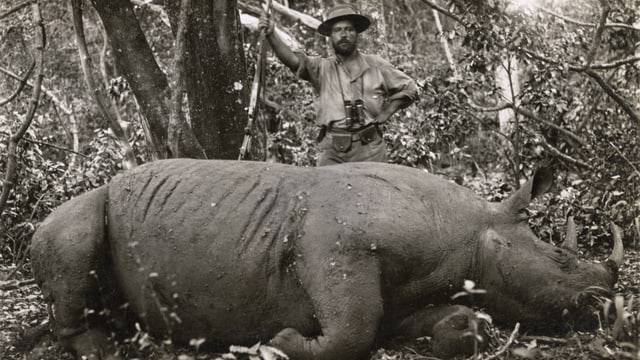 Ein Schwarz-Weiss-Bild eines Jägers und eines toten nashorns. 