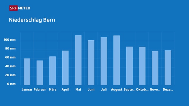 Niederschlagsdiagramm für Bern mit monatlichen Niederschlagsmengen.