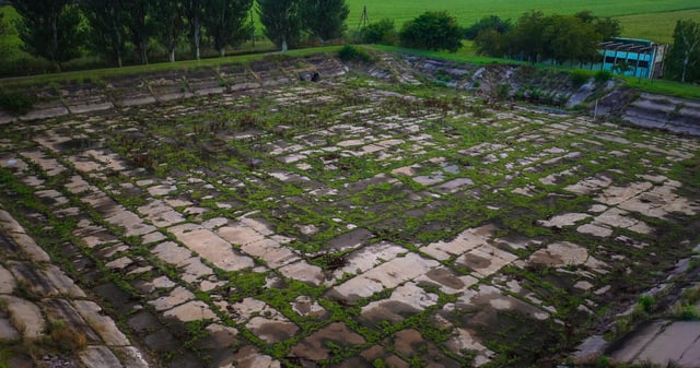 Blick auf ein leeres Wasserbecken; das teilweise von Gräsern überwachsen wird