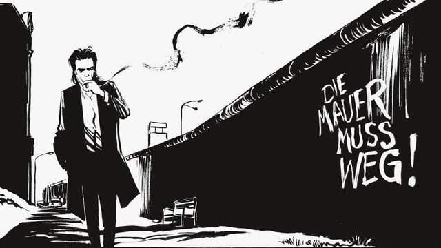 Comic: Nick Cave läuft rauchend der Berliner Mauer entlang.