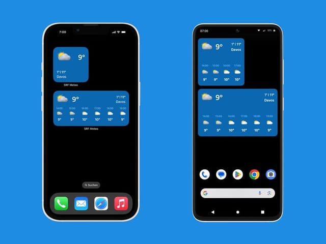 Bild von zwei Mobiltelefonen mit Meteo Widgets