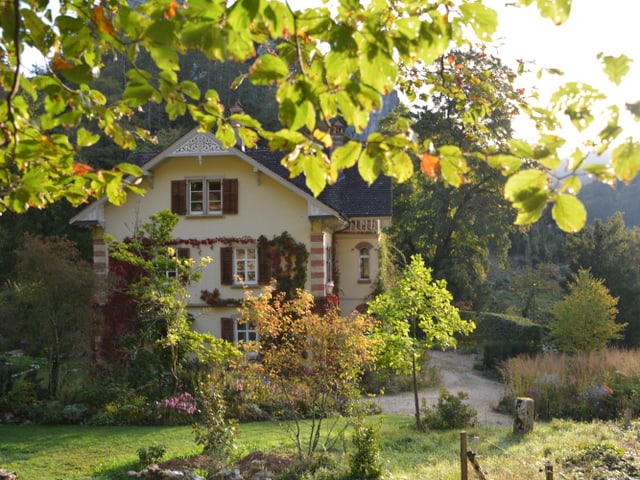 Ein altes Haus mit einem Garten davor, daneben ein Kiesweg.