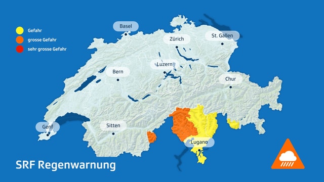 Warnkarte für grosse Regenmengen im Süden