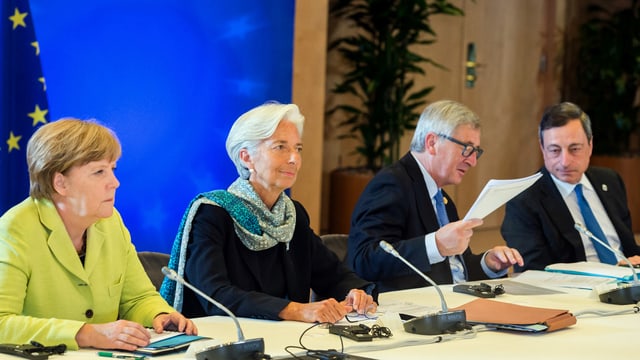 Stehen erneut vor Sitzungen: Kanzlerin Merkel, IWF-Chefin Lagarde, EU-Kommissionspräsident Juncker und EZB-Chef Draghi.