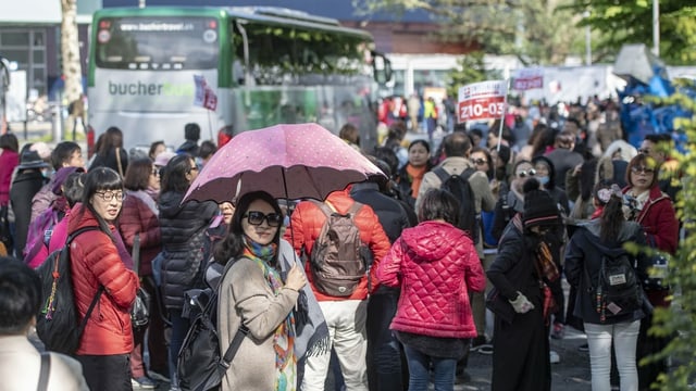 Bild aus besseren Zeiten: Touristen einer 4000 Personen grossen chinesischen Reisegruppe einer Kosmetikfirma treffen auf dem Inseli in Luzern ein.