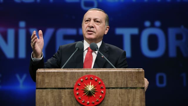 Erdoğan steht am Rednerpult und gestikuliert.