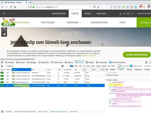 Screenshot: Bei der SVP bietet sich das gleiche Bild: Das Facebook-Cookie, das den Nutzer bei seinem Besuch der Partei-Website verrät, wird ungefragt an Facebook zurückgeschickt. 