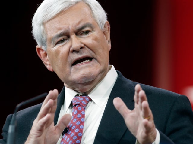 Gingrich mit weissem Haar spricht mit gestikulierenden Händen.