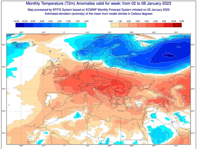 Eine Karte von Europa mit Temperaturprognosen.