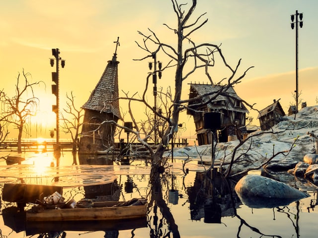 Kulisse: Verlassenes Dorf im Sonnenuntergang, teilweise überflutet.