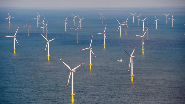 Luftaufnahme eines Windparks in der Nordsee.