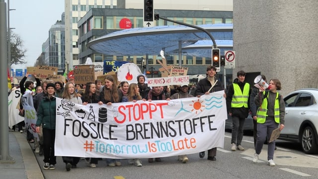 Kundgebungsteilnehmer mit einem grossen Plakat in Aarau.