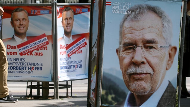 Plakate von Norbert Hofer und Alexander Van der Bellen nebeneinander.