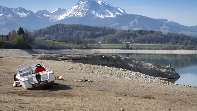 Boot in ausgetrocknetem Seeufer am Greyerzersee