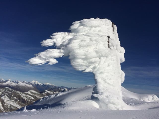 Wegweiser in Schnee eingehüllt.