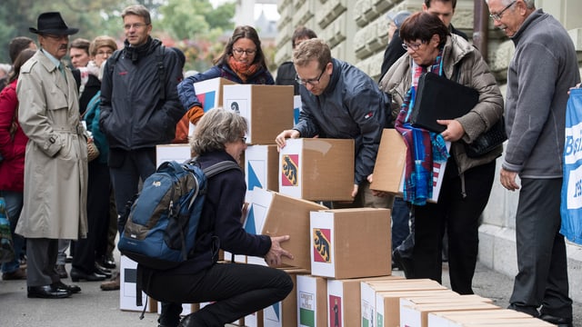 Leute mit vielen Kartons die mit den Kantonswappen gekennzeichnet sind, stehen vor dem Bundeshaus.