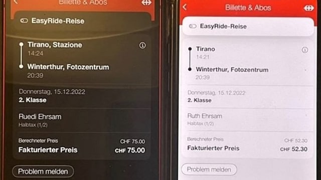 Zwei Screenshots mit Preis für gelöstes Easyride-Ticket