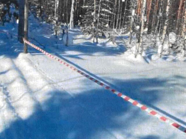 Ein rot-weisses Absperrband im verschneiten Wald