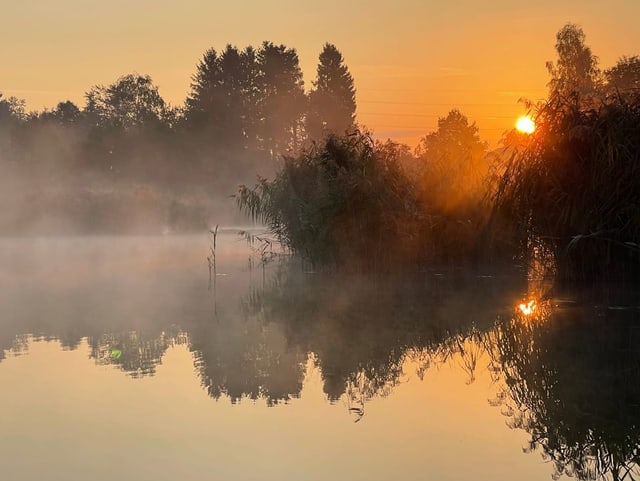 Fluss mit Nebelschwaden bei Sonnenaufgang