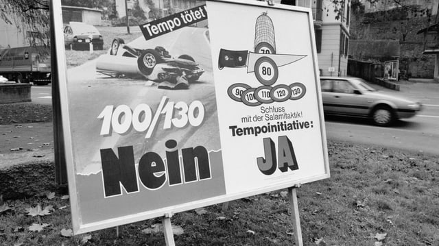 Abstimmungsplakate zur Initiative «100/130». Die Tempoinitiative wurde 1989 abgelehnt. 