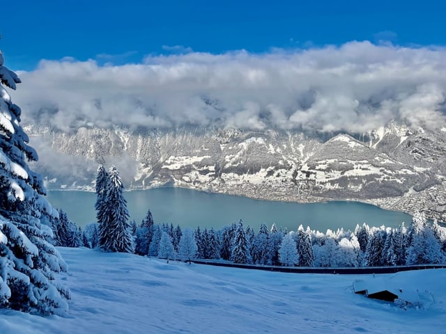 Blick auf See mit Bergen dahinter. Die Landschaft ist von Schnee bedeckt.