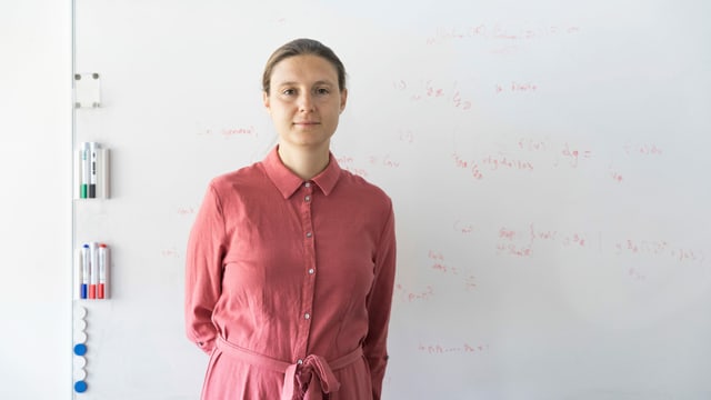 The scientist stands in front of a blackboard with mathematical formulas.