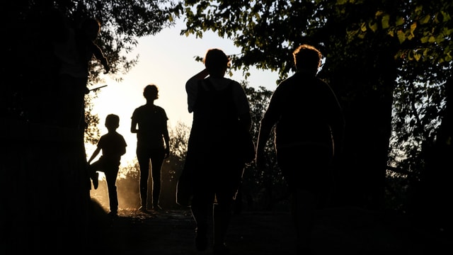 Silhouette mehrerer Menschen im Wald.