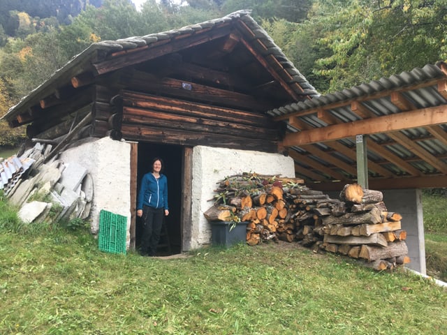 Holzscheite liegen vor einer rustikalen Holzhütte.