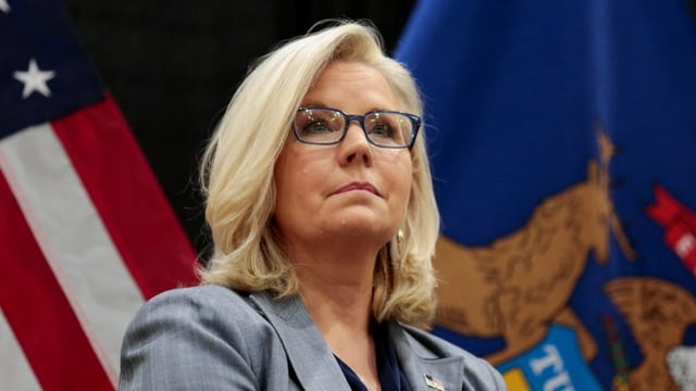 Liz Cheney im Bild. Blondes Haar, Brille, hinten eine USA-Fahne.