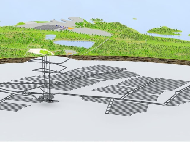 Schematische Darstellung des Stollennetzwerks von Olkiluoto, das rund 70 km Länge betragen wird.