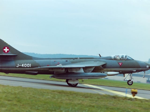 The Hunter Hawker fighter plane takes off.