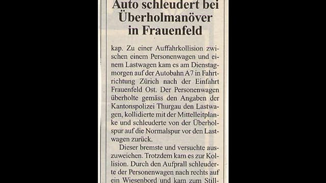 Zeitungsausschnitt mit Polizeimeldung des Unfalls.