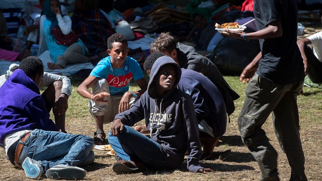 Flüchtlinge in einem Park sitzend.