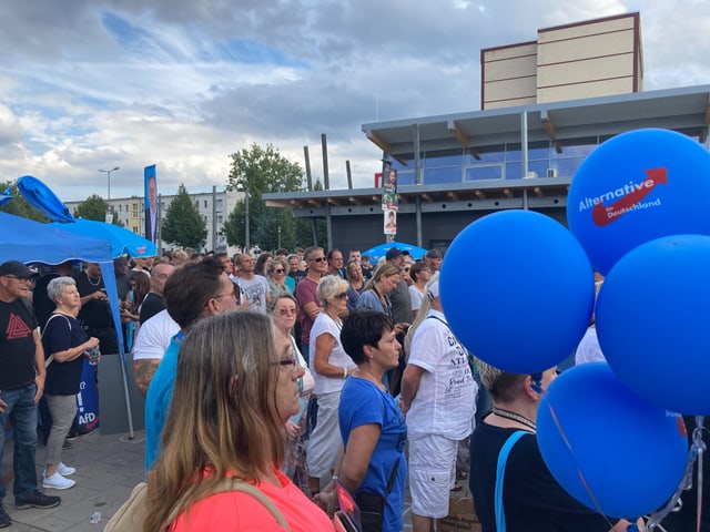 Menschenmenge bei einer politischen Versammlung im Freien mit blauen Luftballons.