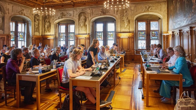 Blick in den Stadtluzerner Ratssaal, wo eine Frau gerade am Reden ist.