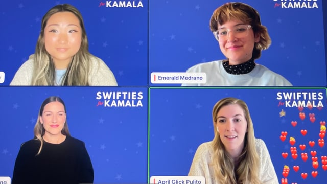 Vier Frauen in einer Videokonferenz, alle mit dem Hintergrund 'Swifties for Kamala'.