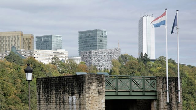 Eine Brücke vor Bäumen, im Hintergrund Hochhäuser des Finanzzentrums