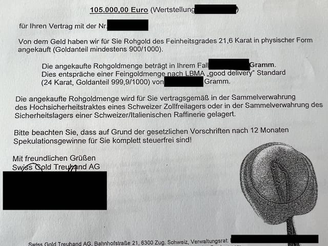 Vertragstext mit Unterschriften und Stempel, einige Teile geschwärzt.