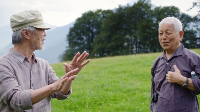 Zwei Japaner auf einer grünen Wiese.