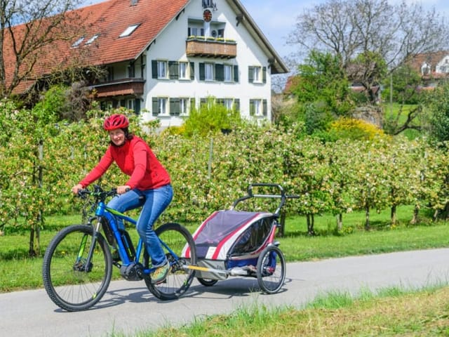 Frau auf Fahrrad mit einem Anhänger