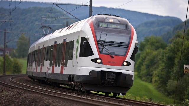 Rot-weisser Zug in der Landschaft.