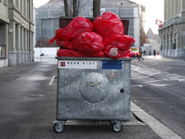 Eine Mülltonne steht am Strassenrand.