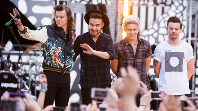 Harry Styles, Liam Payne, Niall Horan und Louis Tomlinson auf der Bühne, Hände von Fans im Vordergrund.