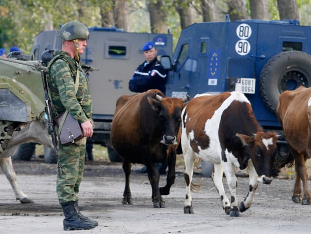 Soldatenb stehen an einem Checkpoint.